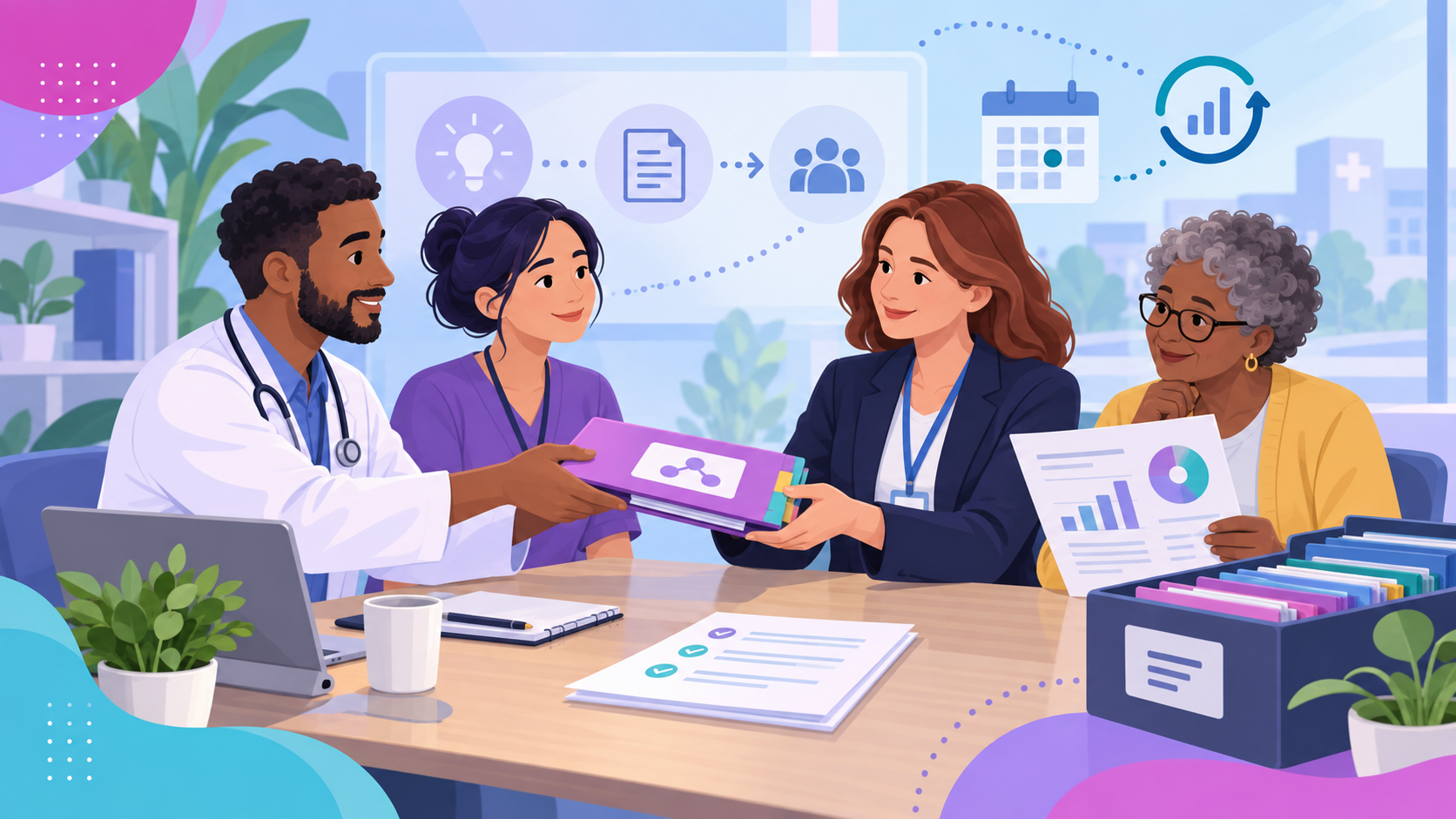 A healthcare team handing over a project folder while a patient partner reviews the findings.