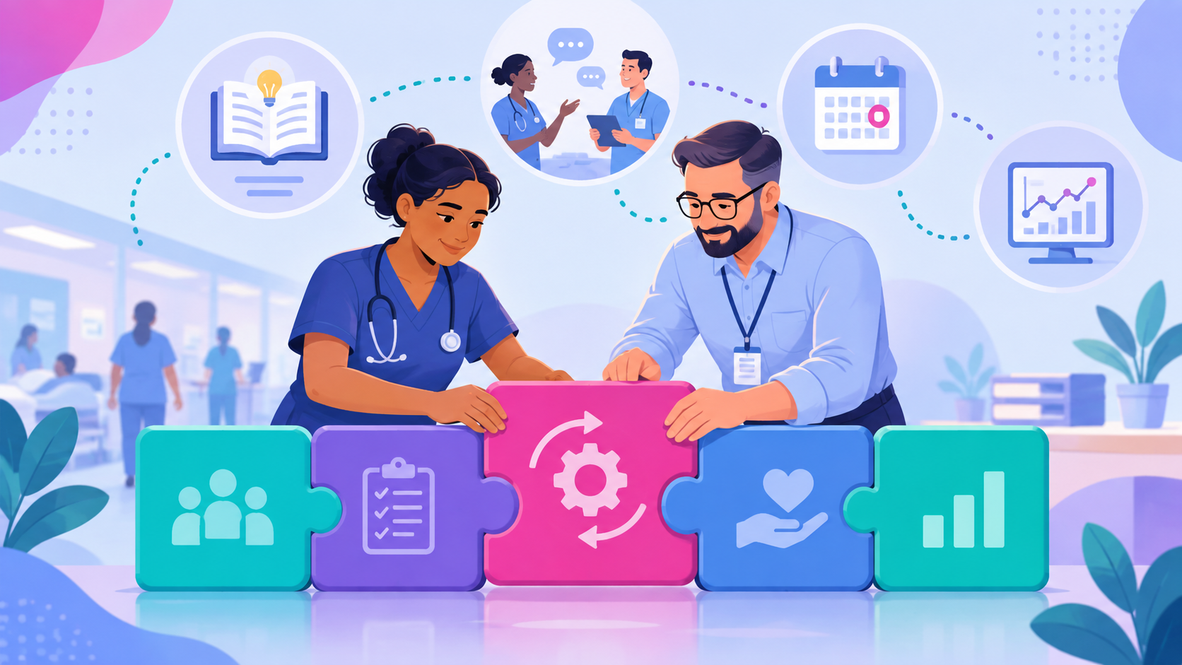 A nurse and manager fitting a tested process into routine work, supported by training and monitoring.