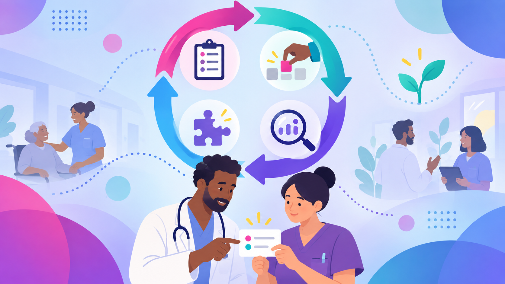 Healthcare colleagues reviewing a test beneath a four-stage cycle of planning, testing, studying and adapting.