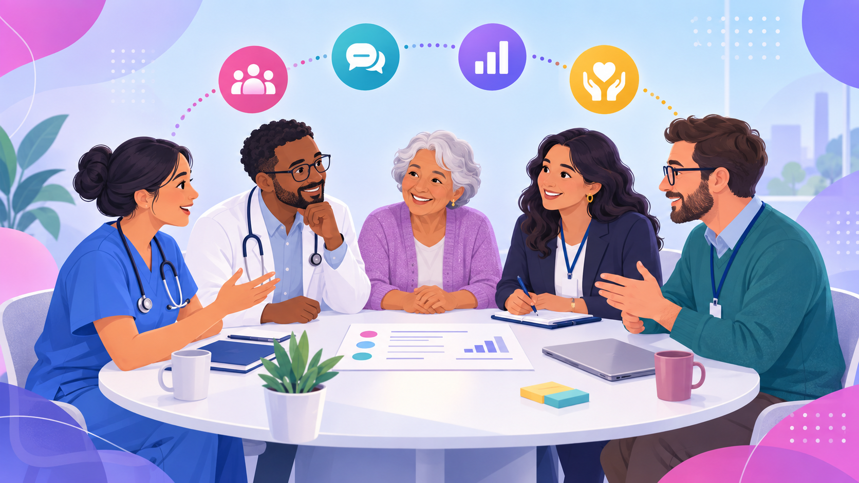 Healthcare staff and a patient partner discussing roles and plans around a shared project table.
